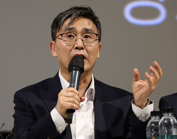 김덕영 감독이 2024년 2월 29일 서울 용산구 CGV 용산아이파크몰에서 열린 ’건국전쟁2‘ 제작발표회에서 발언하고 있다. photo 뉴스1