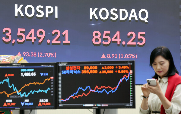 추석 명절을 앞두고 코스피가 최고가를 기록한 지난 2일 오후 서울 영등포구 여의도 한국거래소 모니터에 코스피 시황이 표시되고 있다. photo. 뉴스1