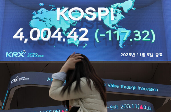 코스피가 급락한 5일 오후 서울 영등포구 한국거래소 모니터에 코스피 종가가 표시되고 있다.  photo 뉴스1