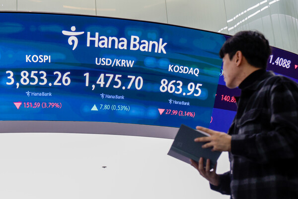 21일 오후 서울 중구 하나은행 본점 딜링룸 전광판에 종가가 나오고 있다. photo 뉴스1
